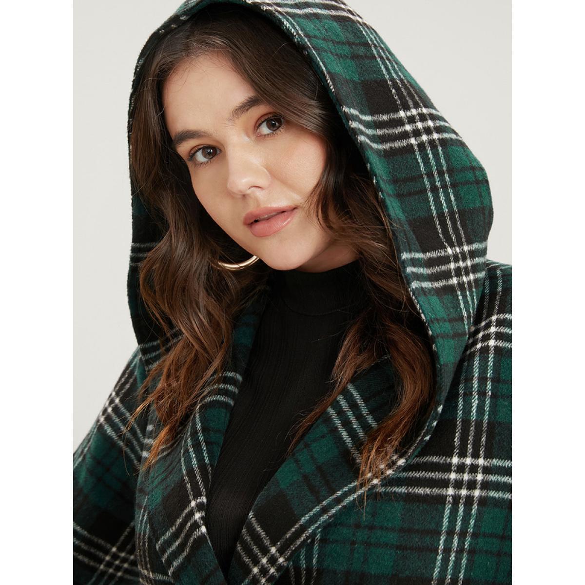 Plus Size Plaid Double Breasted Pocket Hooded Coat Women DarkGreen Casual Pocket Ladies Dailywear Winter Coats BloomChic 14-16/1X Product Image