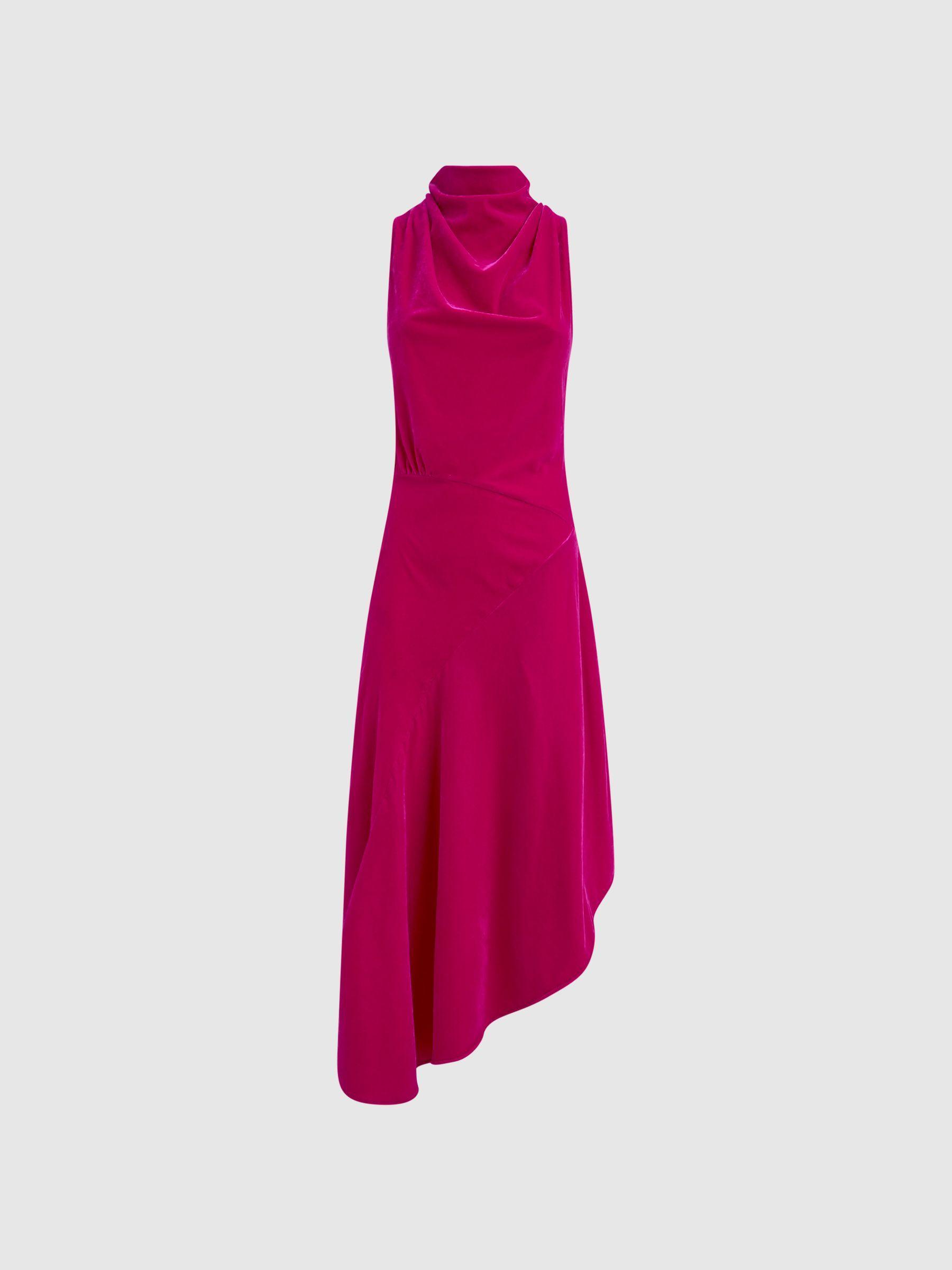 Velvet Funnel Neck Asymmetric Midi Dress in Pink Product Image