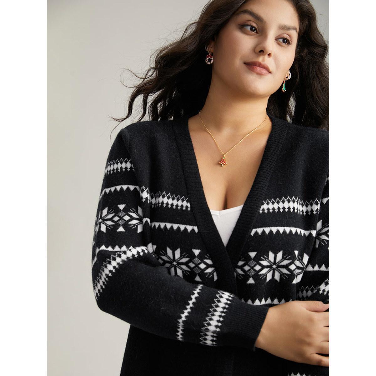 Plus Size Anti-Pilling Bandana Print Elastic Cuffs Cardigan Black Women Casual Loose Long Sleeve Festival-Christmas Cardigans BloomChic 10/M Product Image