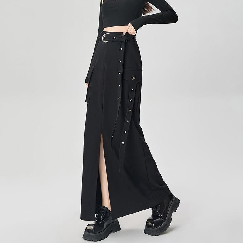 High Rise Plain Side Slit Maxi A-Line Skirt Product Image