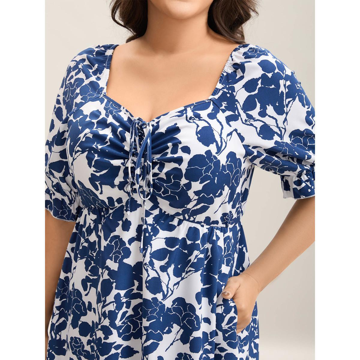 Plus Size Silhouette Floral Print Tie Front Midi Dress DarkBlue Women Elegant Drawstring Heart neckline Half Sleeve Curvy BloomChic 30/6X Product Image