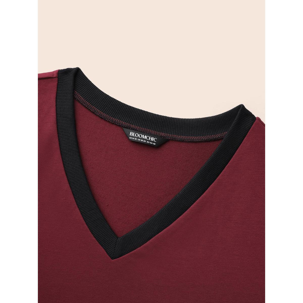 Plus Size V Neck Contrast Patchwork Sweatshirt Women Deepred Casual Contrast V-neck Everyday Sweatshirts BloomChic 28/5X Product Image