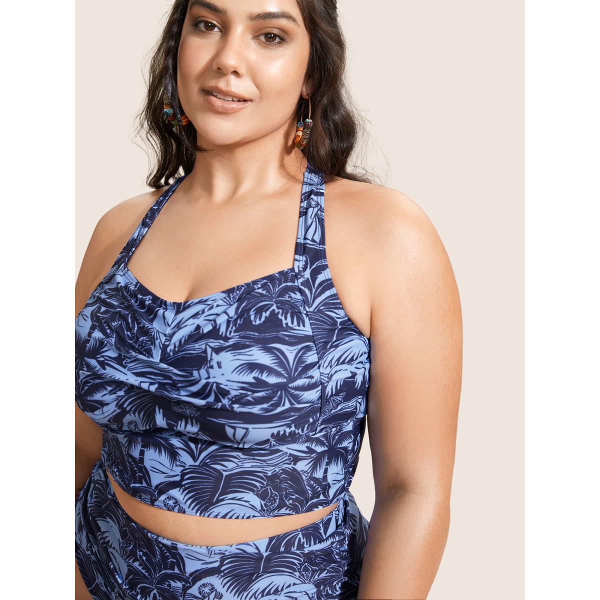 Plus Size Heart Neckline Tropical Print Crossover Swim Top Women's Swimwear Indigo Beach Twist High stretch Bodycon Heart neckline Curve Swim Tops BloomChic 18-20/2X Product Image