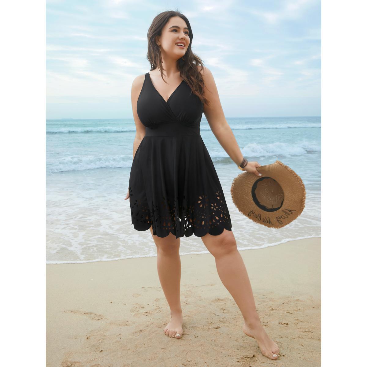 Plus Size Laser Cut Surplice Neck Waist-Cinched Swim Dress Women's Swimwear Black Beach Bodycon Overlap Collar High stretch Curve Swim Dresses BloomChic 18-20/2X Product Image