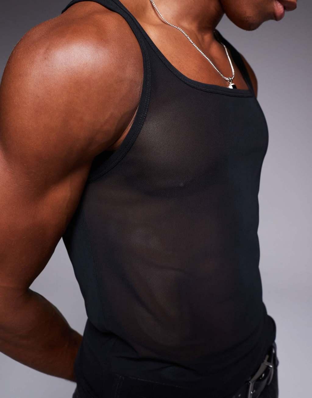 ASOS DESIGN square neck muscle fit tank top in black mesh Product Image