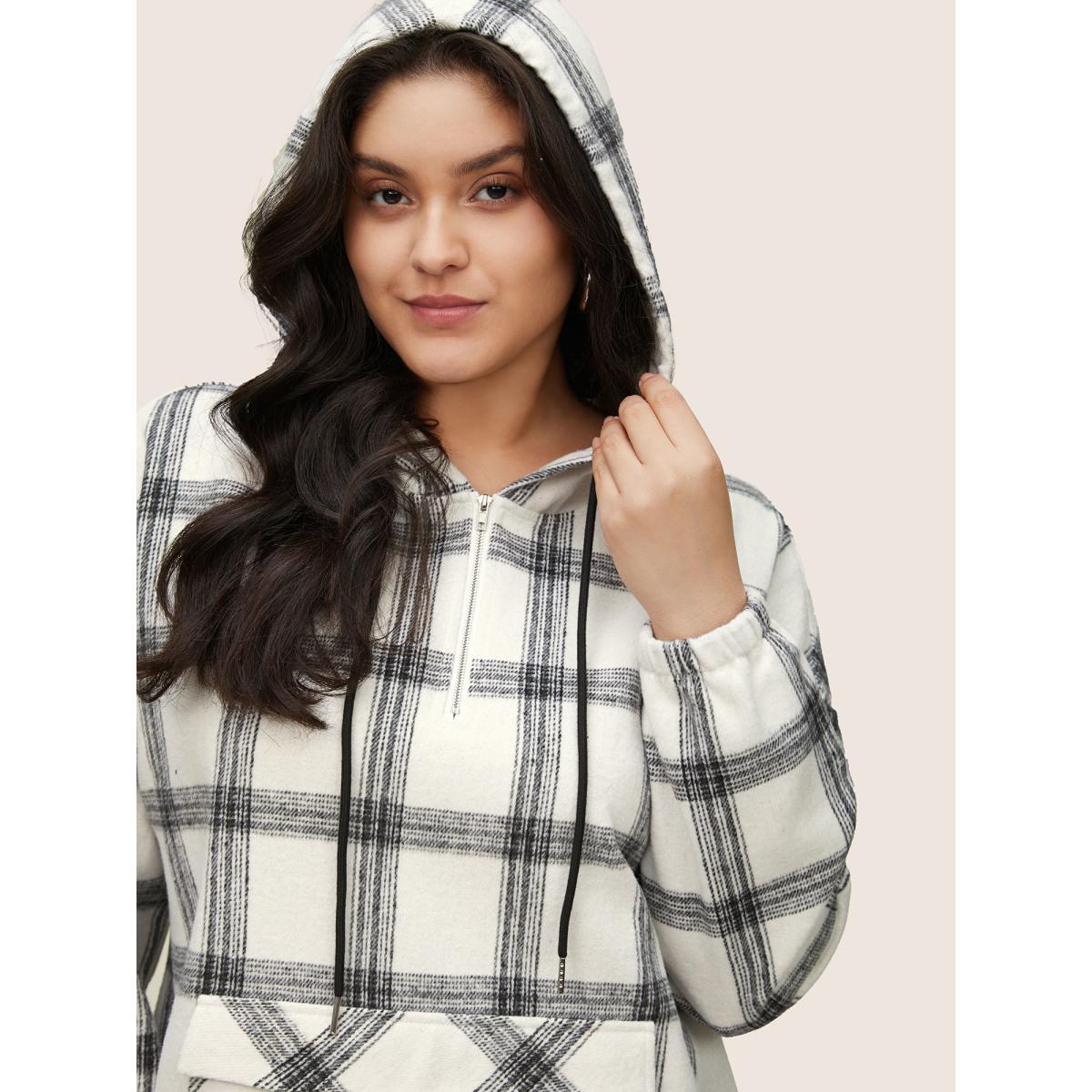 Plus Size Plaid Half Zip Pocket Hooded Sweatshirt Women White Casual Elastic cuffs Hooded Everyday Sweatshirts BloomChic 12/L Product Image