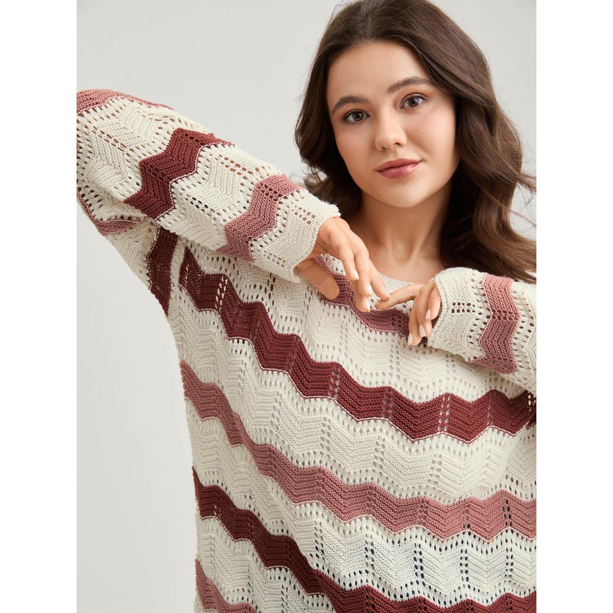 Plus Size Wavy Textured Stripes Cut-Out Lightweight Pullover Apricot Women Loose Long Sleeve Round Neck Everyday-Casual Pullovers BloomChic 30/6X Product Image