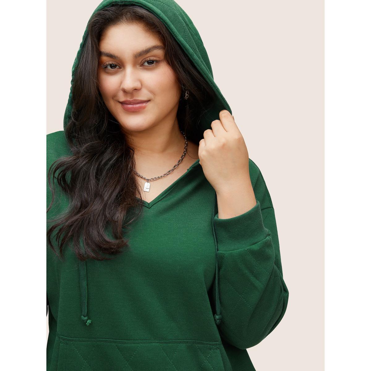 Plus Size Solid Quilted Kangaroo Pocket Hooded Sweatshirt Women Green Casual Non Hooded Everyday Sweatshirts BloomChic 12/L Product Image