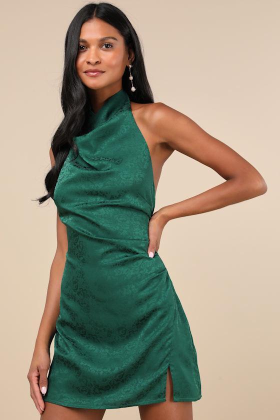 Simply a Stunner Emerald Jacquard Cowl Backless Mini Dress Product Image