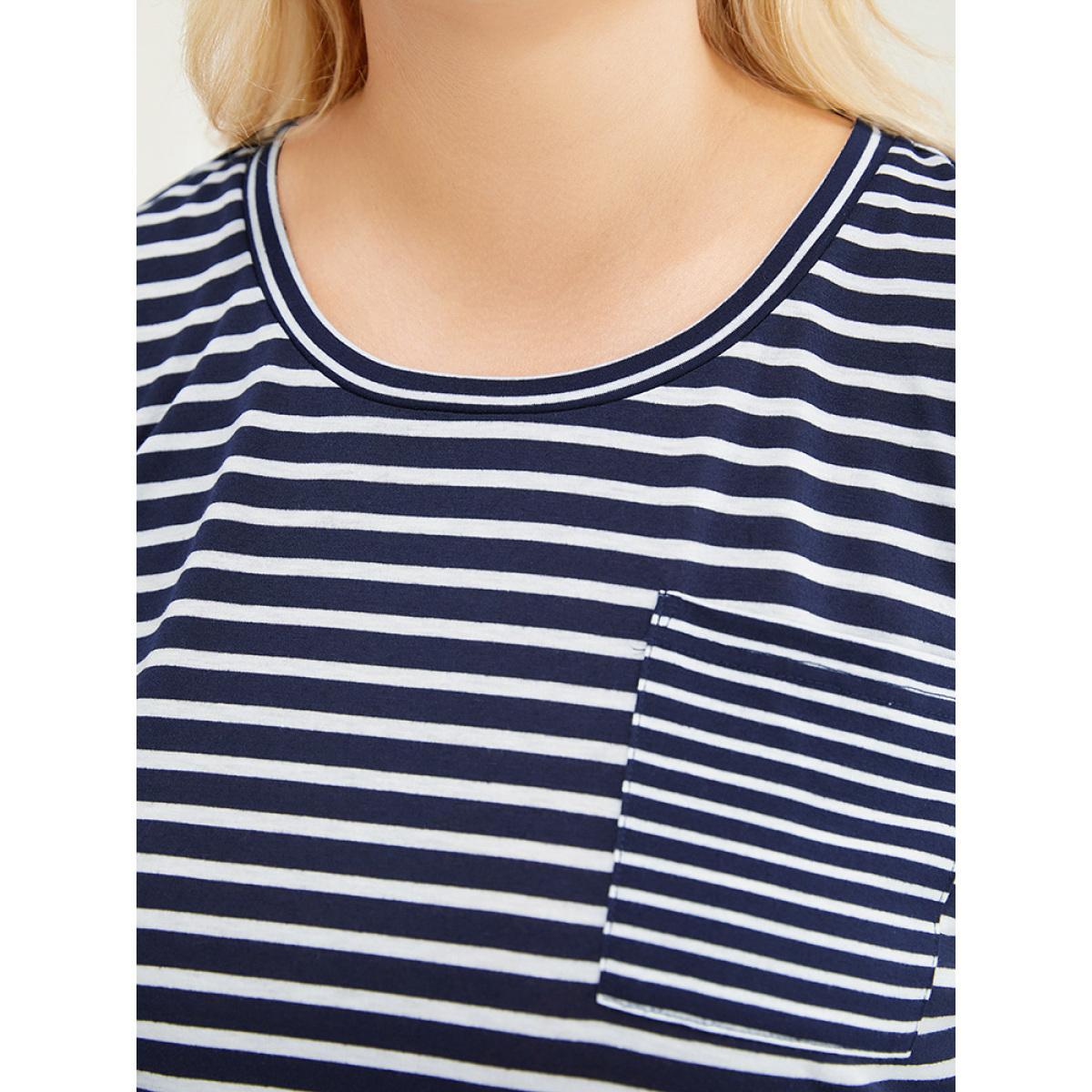 Plus Size Striped Print Crew Neck Pocket T-shirt Navy Women Casual Striped Round Neck Dailywear T-shirts BloomChic 22-24/3X Product Image