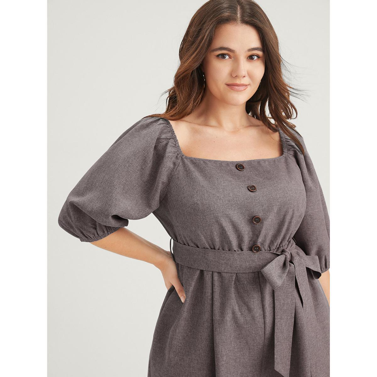 Plus Size Burgundy Plain Fake Button Pocket Puff Sleeve Square Neck Belted Jumpsuit Women Office Half Sleeve Square Neck Work Loose Jumpsuits BloomChic 22-24/3X Product Image