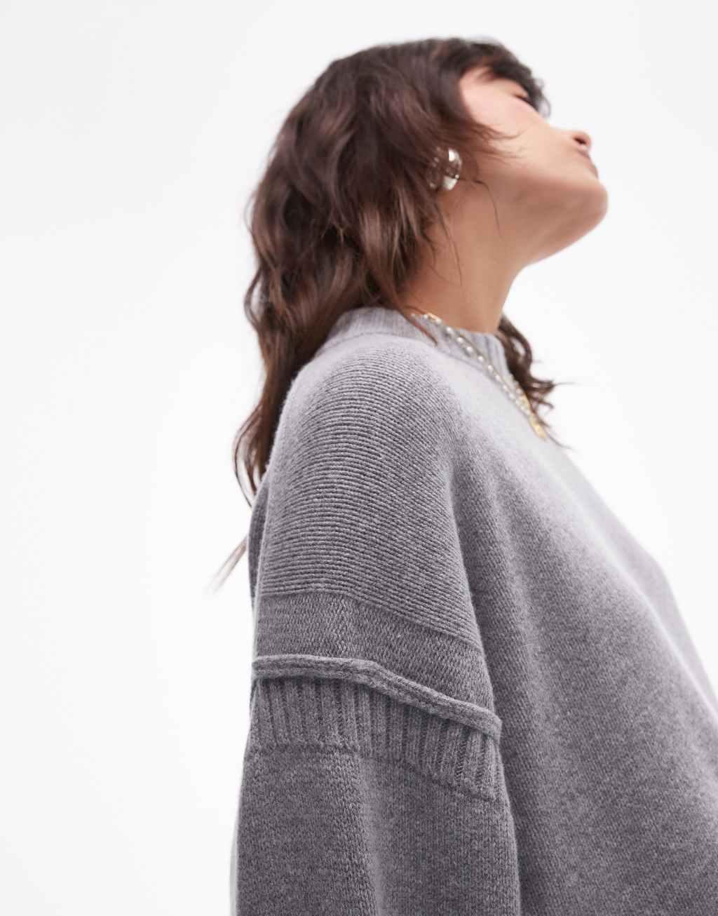 Topshop premium contrast seam wool blend oversized sweater in gray Product Image
