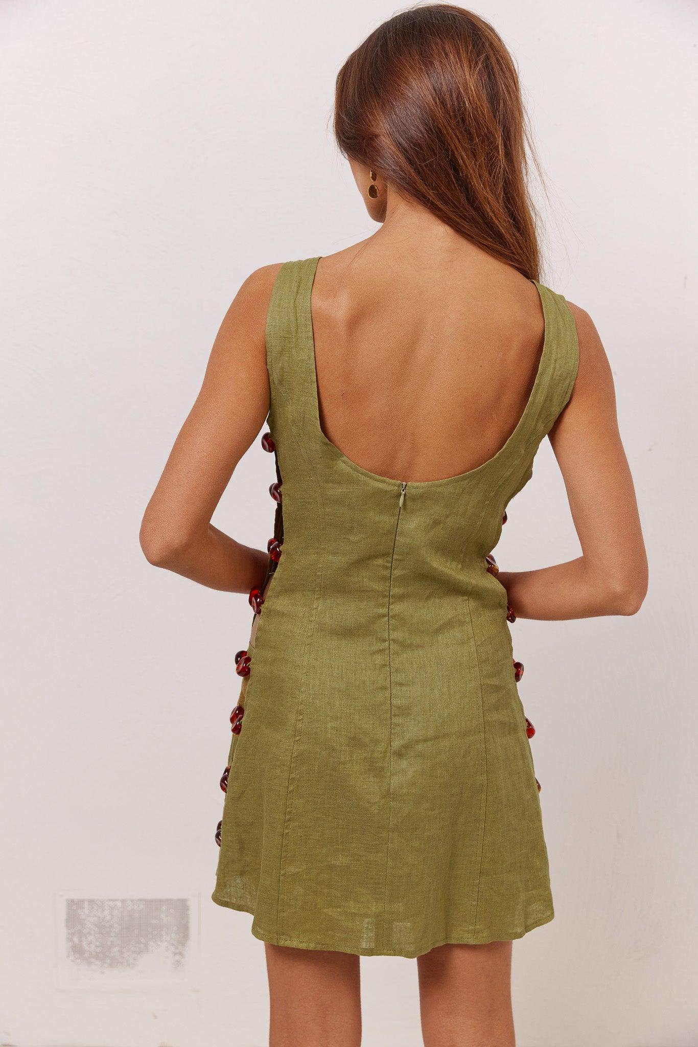Tia Linen Mini Dress Olive Product Image
