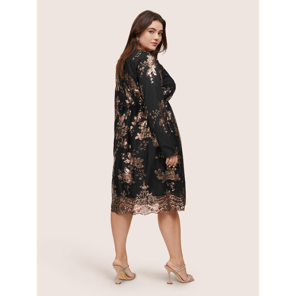 Plus Size Floral Sequin Elastic Waist Mesh Wrap Dress Black Women Party Sequin Overlap Collar Long Sleeve Curvy Midi Dress BloomChic 30/6X Product Image