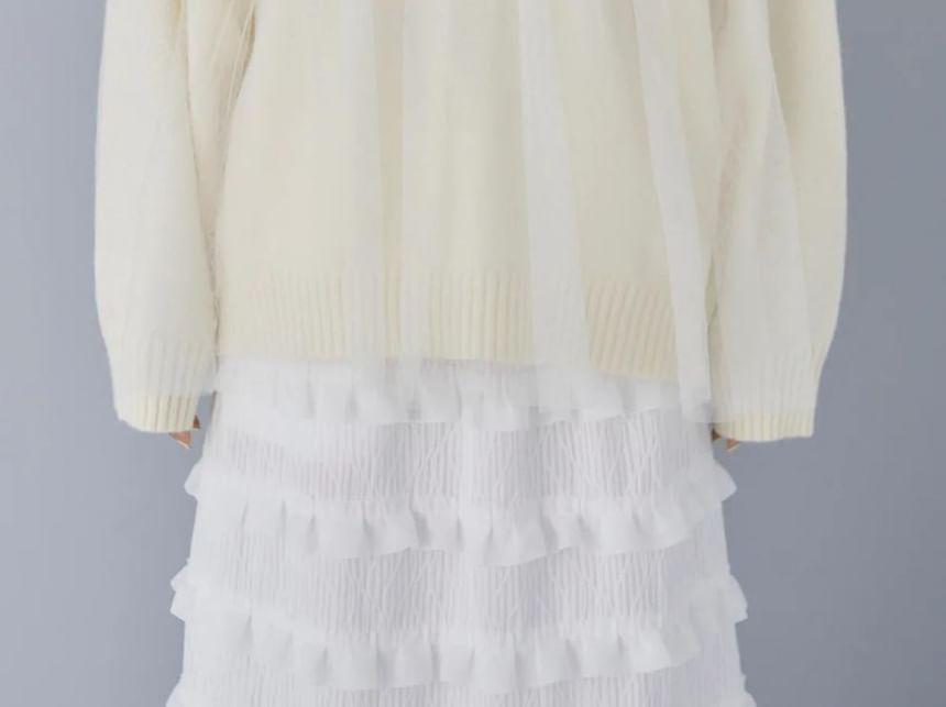 Set: Crew Neck Mesh Panel Sweater + Faux Pearl Washed Loose Fit Jeans Product Image