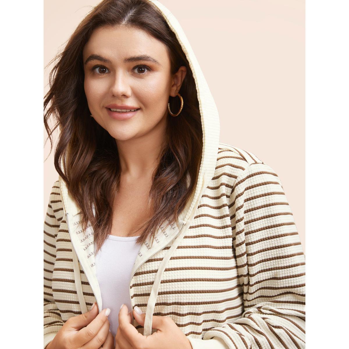 Plus Size Striped Patchwork Texture Hooded Sweatshirt Women Beige Casual Texture Hooded Everyday Sweatshirts BloomChic 18-20/2X Product Image