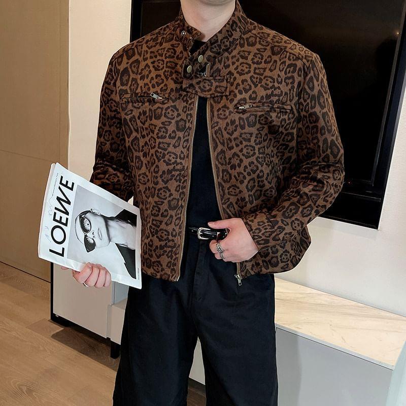 Long Sleeve Stand Collar Leopard Print Jacket Product Image