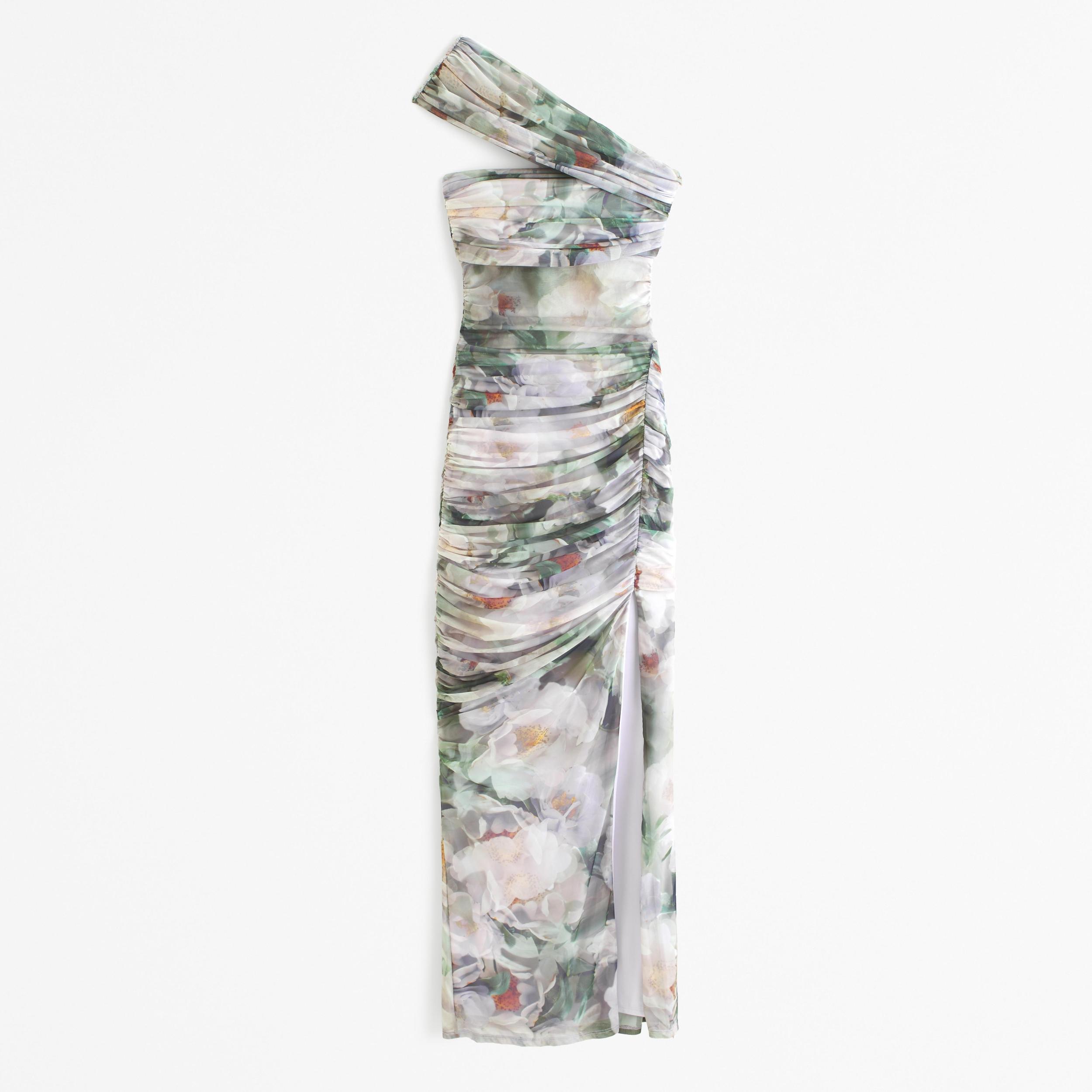Mesh Asymmetrical Off-The-Shoulder Draped Maxi Dress Product Image