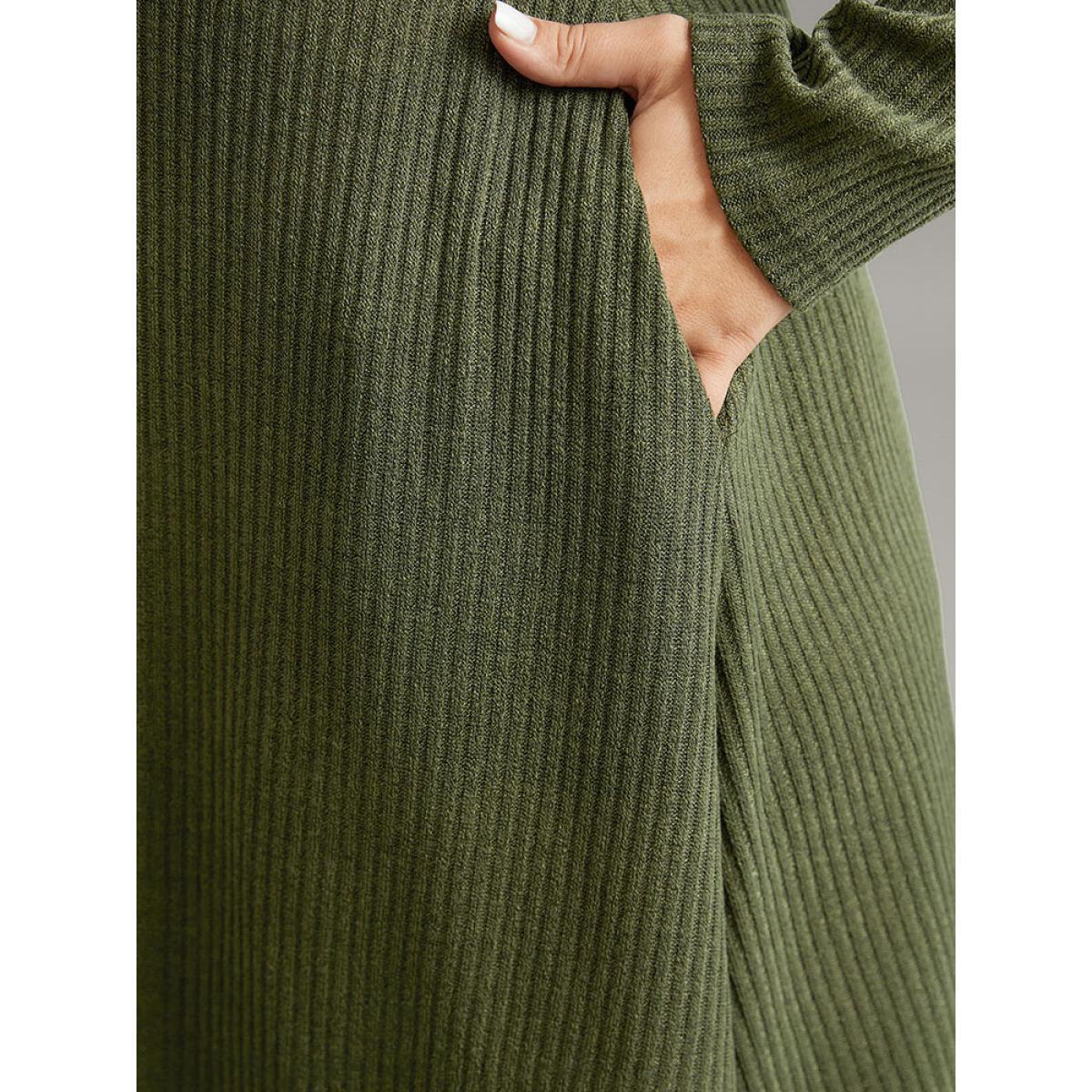 Plus Size Solid Textured V Neck Pocket Dress ArmyGreen Women Basics Texture V-neck Long Sleeve Curvy Midi Dress BloomChic 18-20/2X Product Image