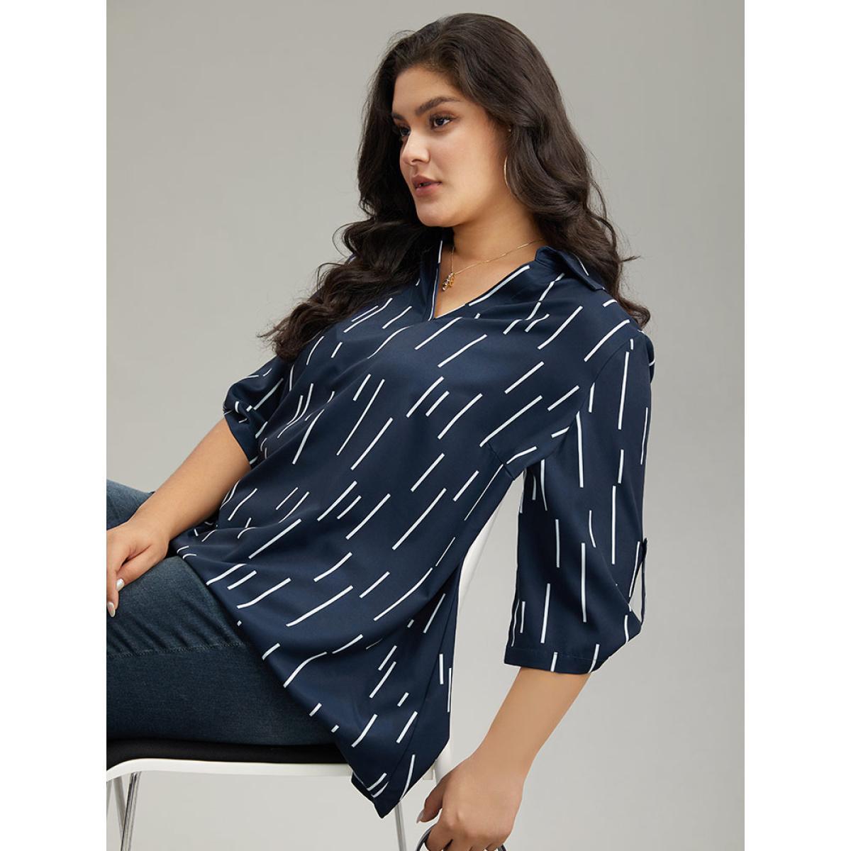 Plus Size Indigo Geometric Shirt Collar Roll Tab Sleeve Blouse Women Office Elbow-length sleeve Shirt collar Work Blouses BloomChic 26/4X Product Image