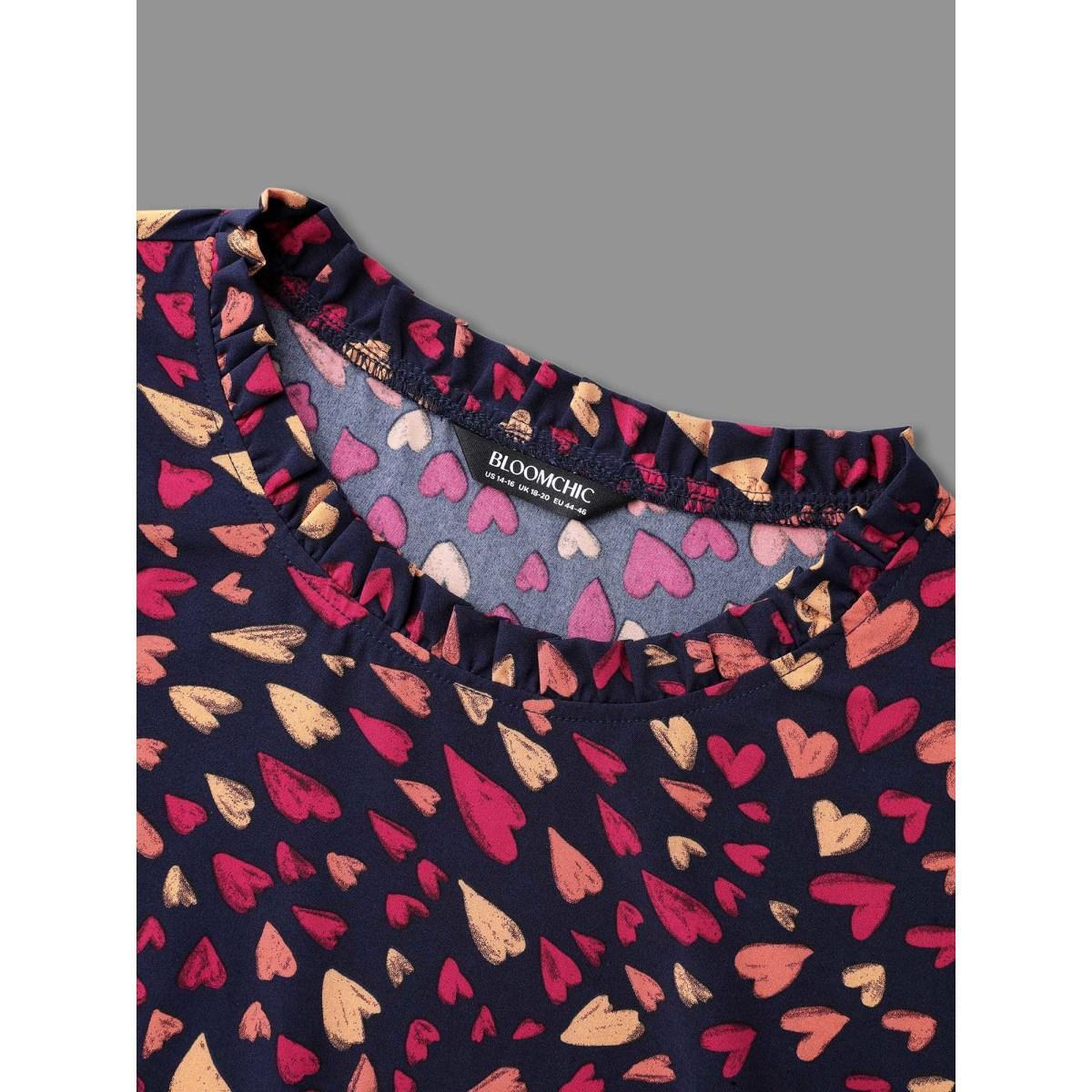 Plus Size Indigo Hearts All Over Ruffled Neckline Blouse Women Elegant Extra Long Sleeve Round Neck Everyday Blouses BloomChic 26/4X Product Image