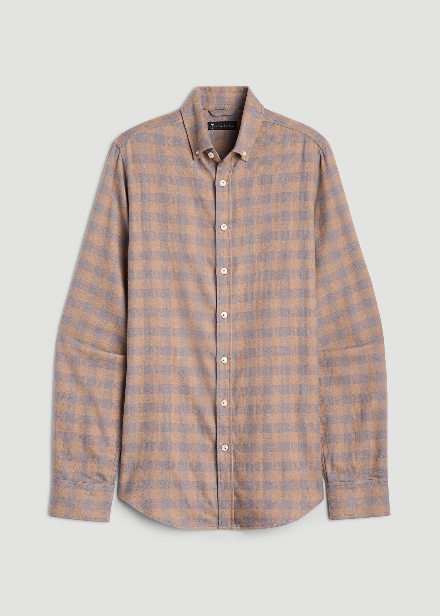 Midweight Brushed Flannel Button Shirt for Tall Men in Taupe and Grey Check Product Image