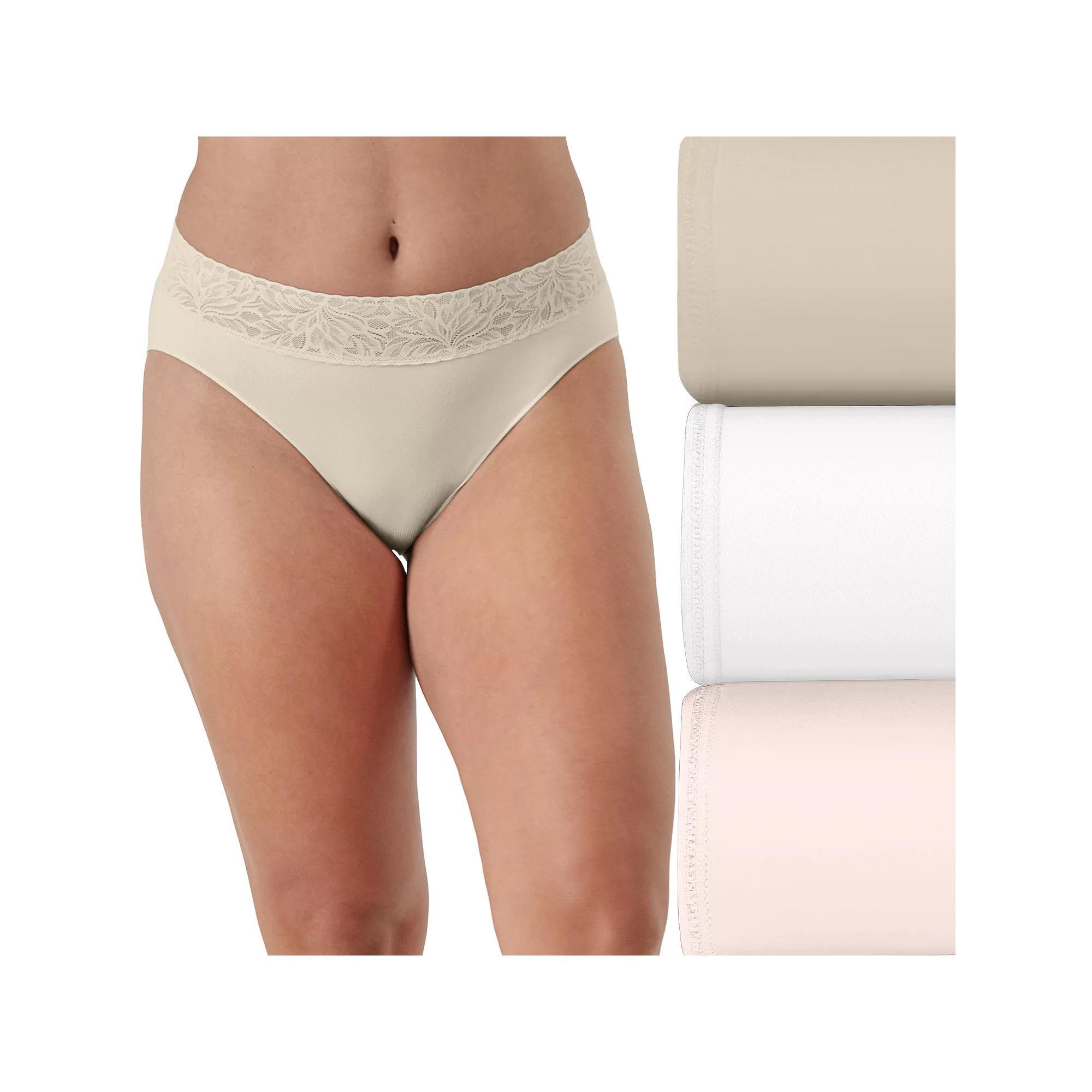 Bali 3-Pack Modern Seamless Lace Trim Hi Cut Underwear DFMLB3, Women's, Size: 9, Buff White Brown Product Image