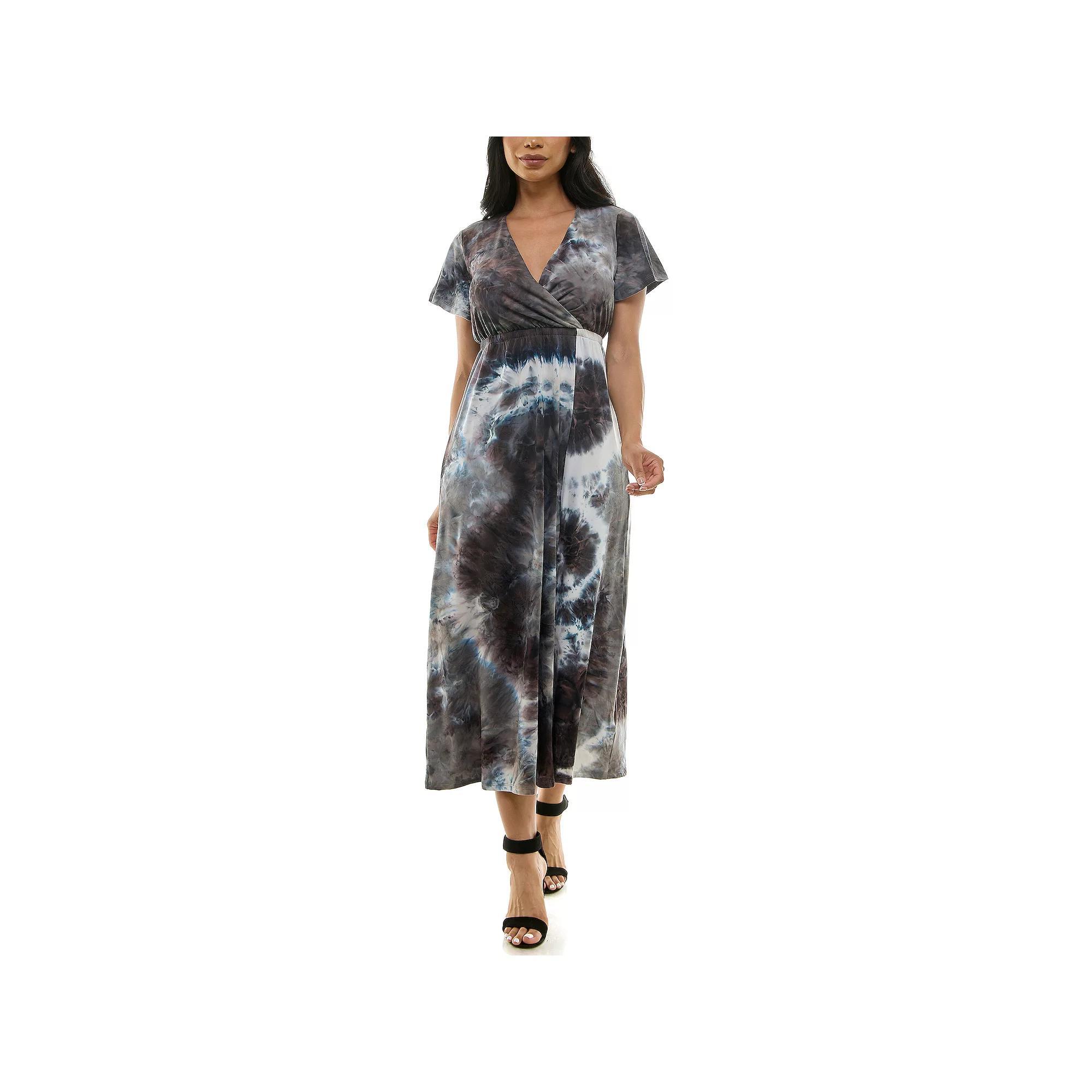 Women's Nina Leonard Tie Dye Print Flutter Sleeve V-Neck Maxi Dress, Size: Small, Grey Team Product Image