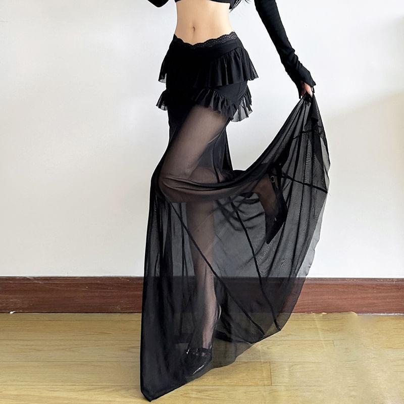 Mid Waist Plain Ruffle  Mesh See-through Panel A-Line Maxi Skirt Product Image