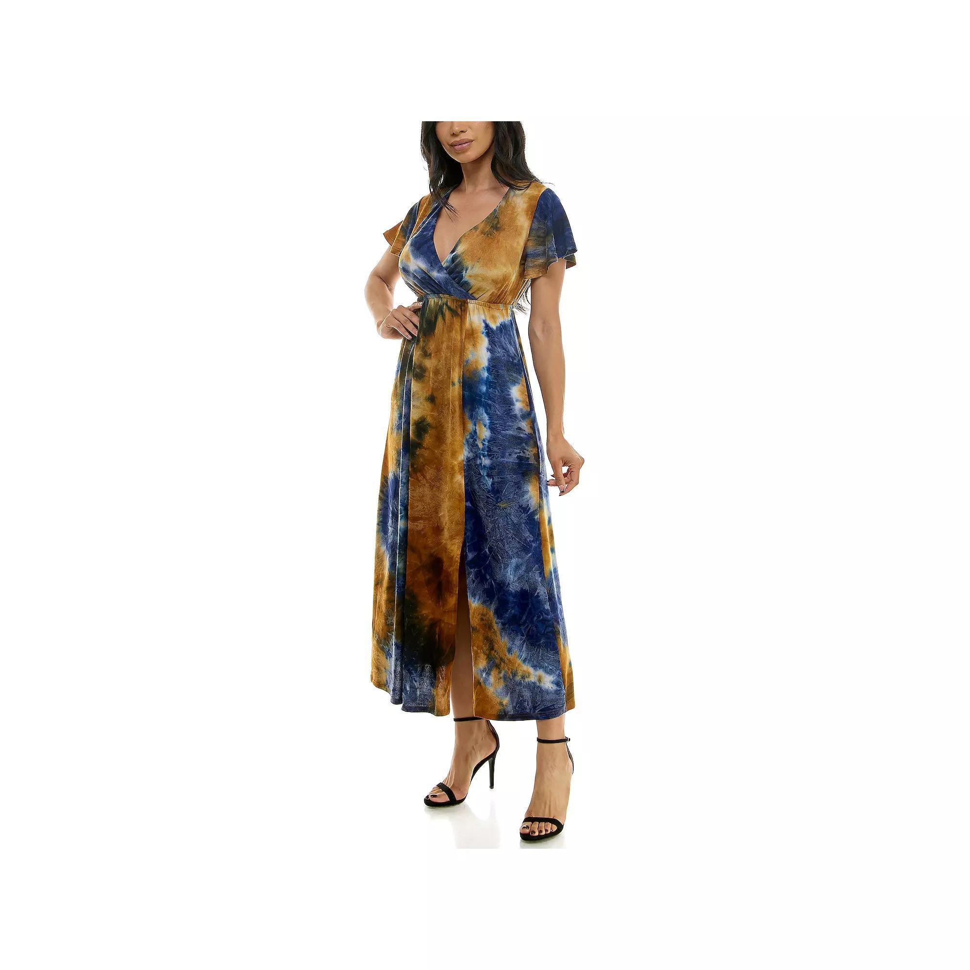 Women's Nina Leonard Tie Dye Print Flutter Sleeve V-Neck Maxi Dress, Size: Small, Grey Team Product Image