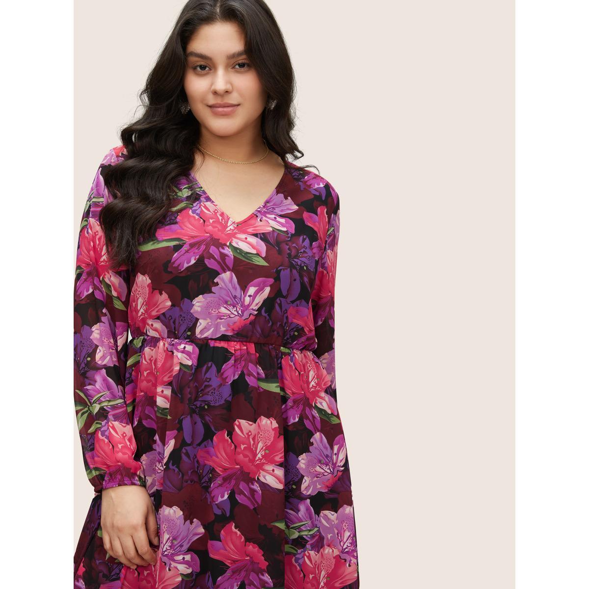 Plus Size Floral Lantern Sleeve Mesh Elastic Waist Dress RedViolet Women Elegant Non V-neck Long Sleeve Curvy Midi Dress BloomChic 30/6X Product Image