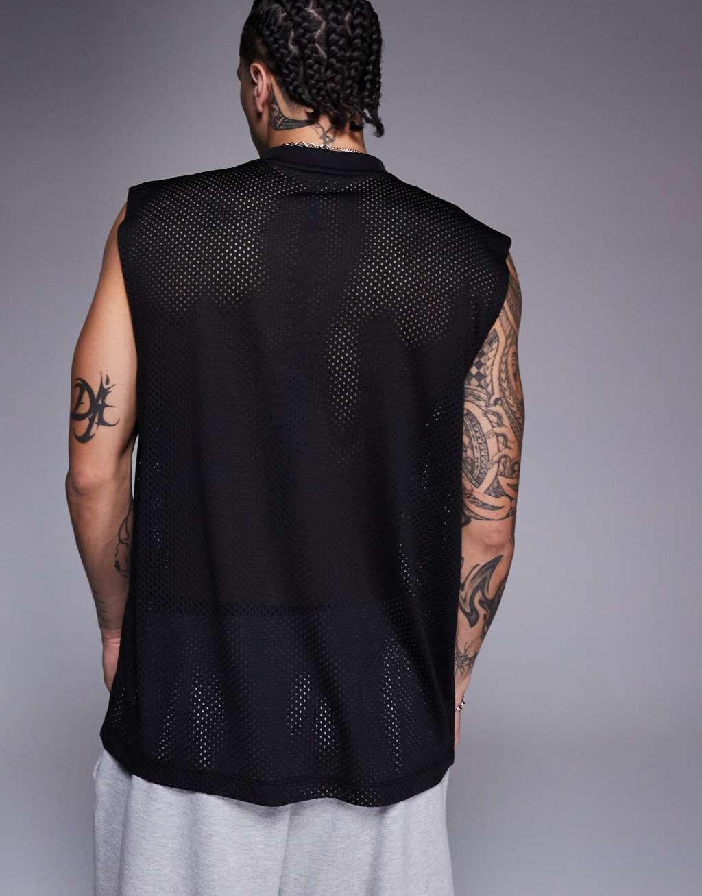 ASOS DESIGN oversized tank with sports graphic in black mesh Product Image