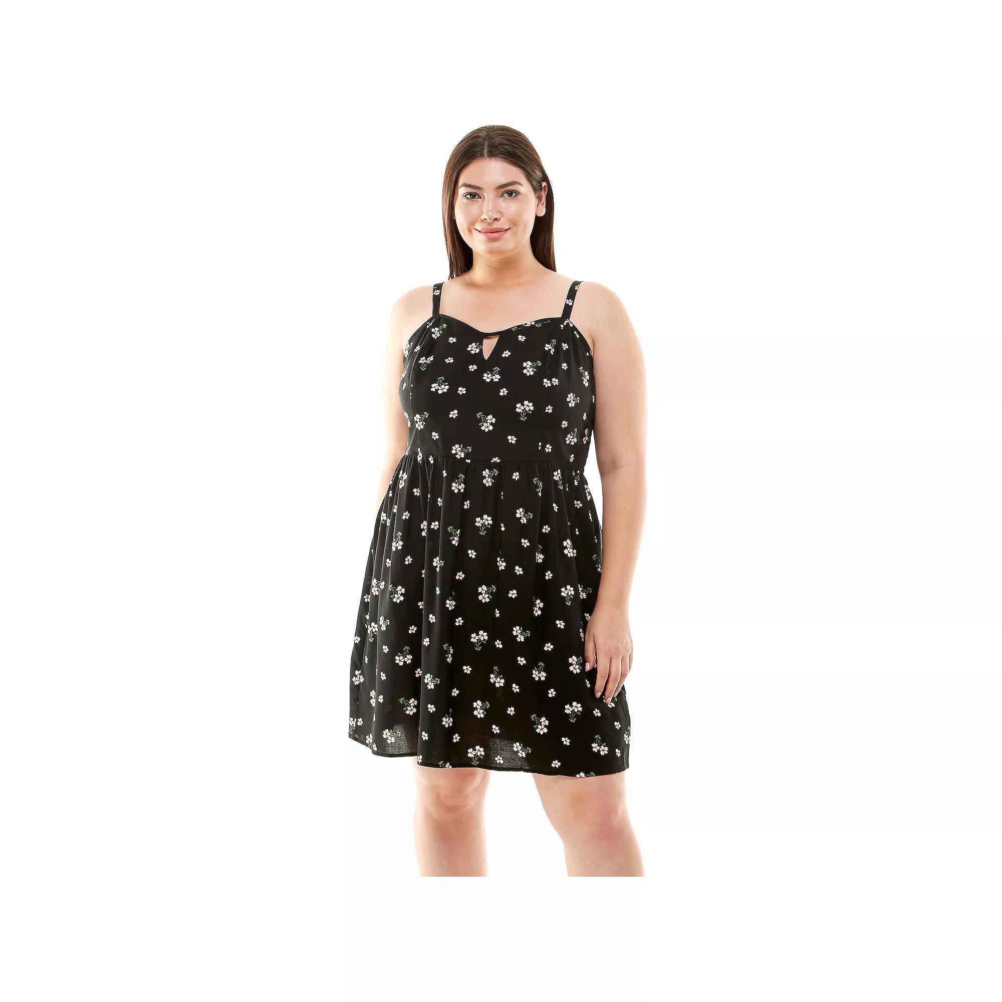 Juniors' Plus Size As U Wish Smocked Keyhole Skater Dress, Women's, Size: 1XL, Black Ivory Red Product Image