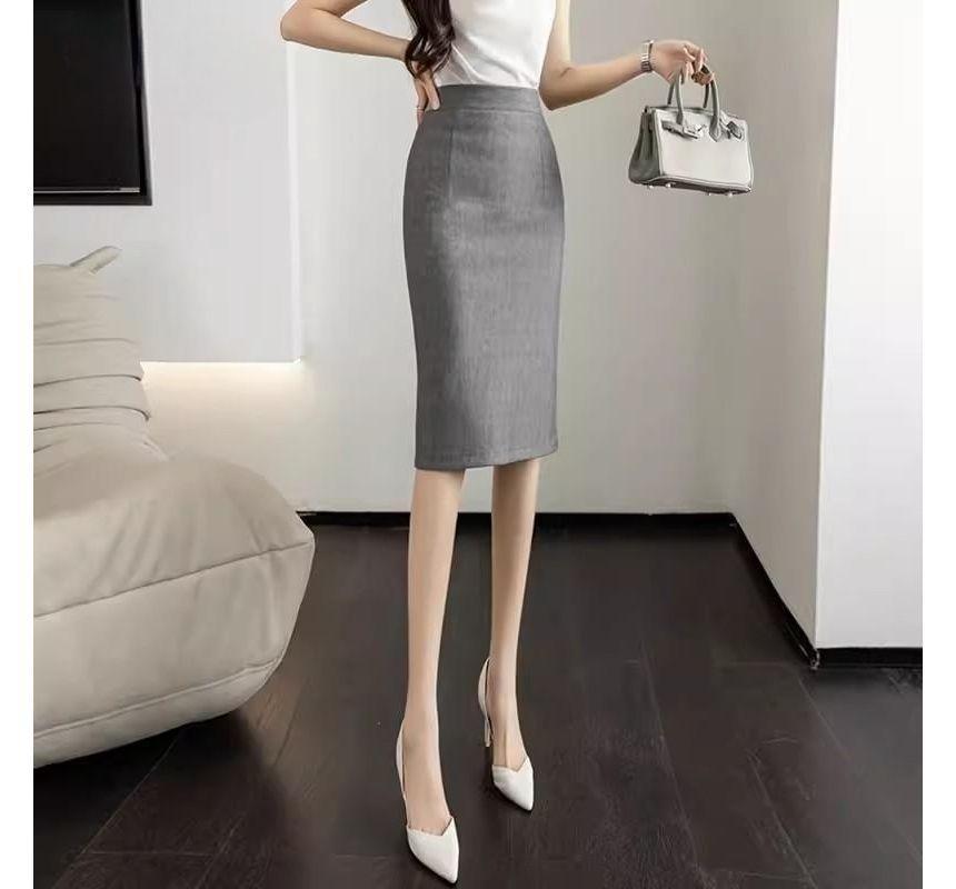 High Waist Plain Midi Pencil Skirt Product Image