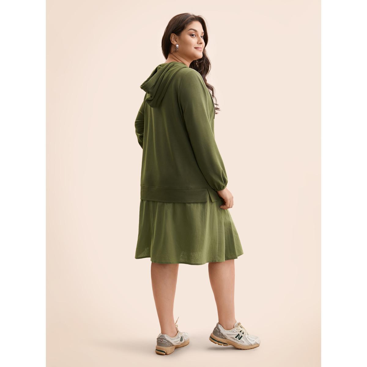 Plus Size Patchwork Pleated Hooded Drawstring Dress ArmyGreen Women Casual Pleated Hooded Long Sleeve Curvy BloomChic 30/6X Product Image