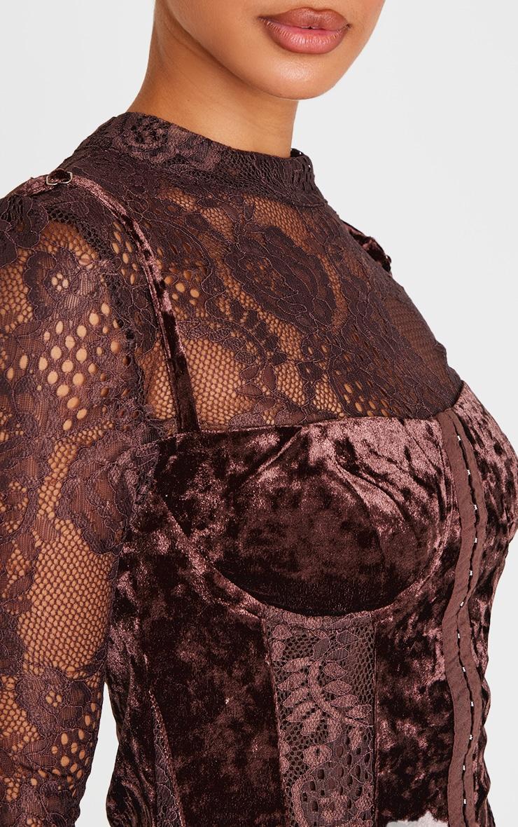 Petite Chocolate Crushed Velvet Long Sleeve Lace Detail Mini Dress Product Image