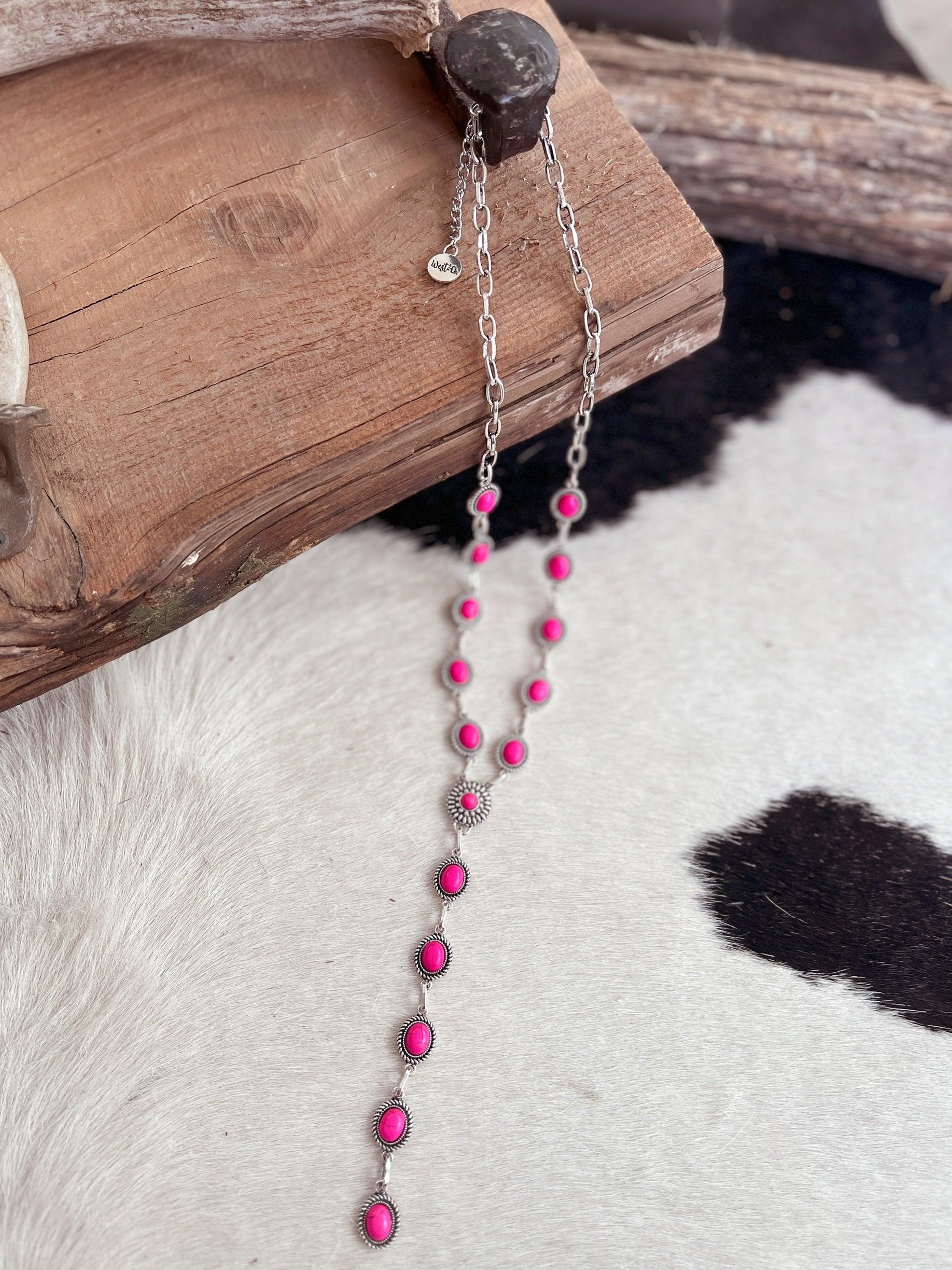 16 Pink Stone And Chain Lariat Necklace Product Image