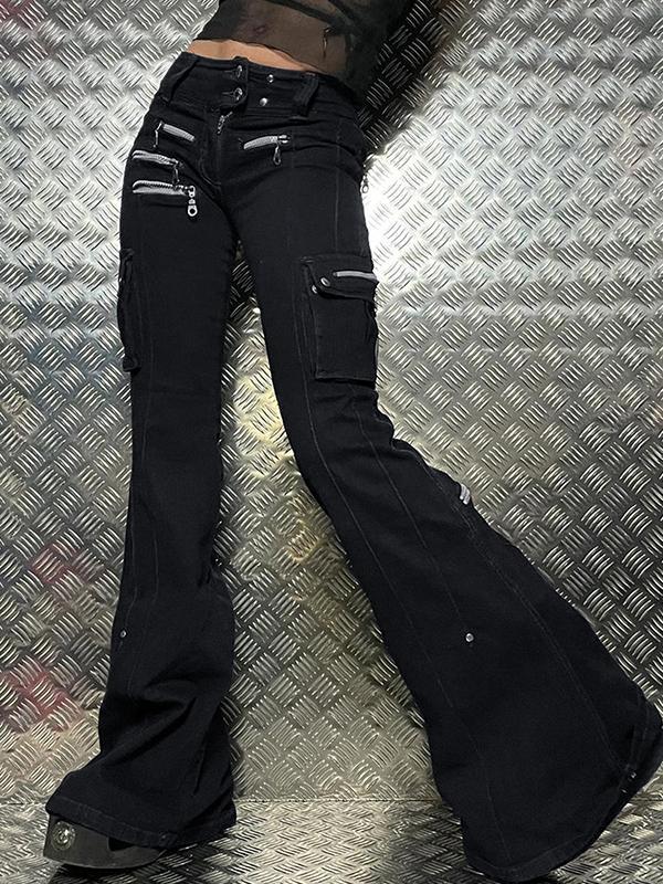 Street Dark Biker Style Flare Jeans Product Image