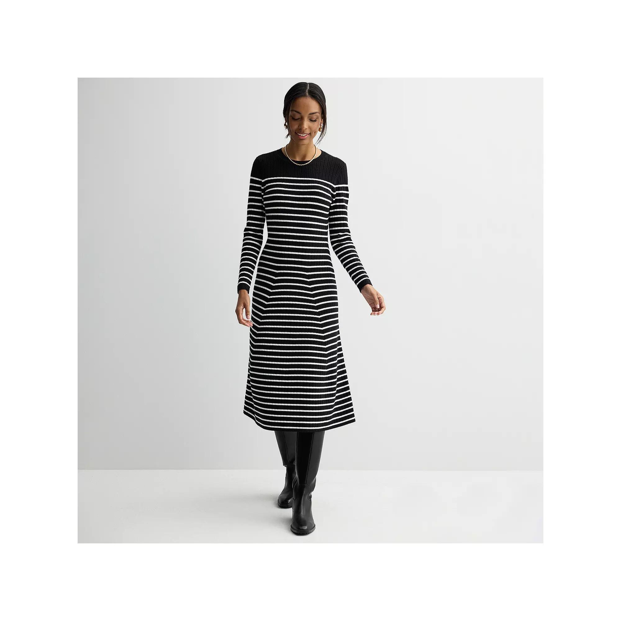 Women's Nine West Flare Sweater Dress, Size: Large, Black Stripe Product Image