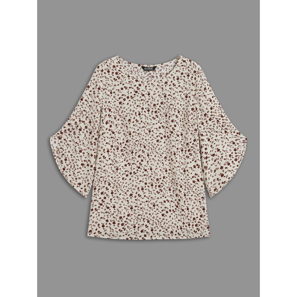 Plus Size Beige Crew Neck Ditsy Floral Bell Sleeve Blouse Women Elegant Elbow-length sleeve Round Neck Everyday Blouses BloomChic 18-20/2X Product Image