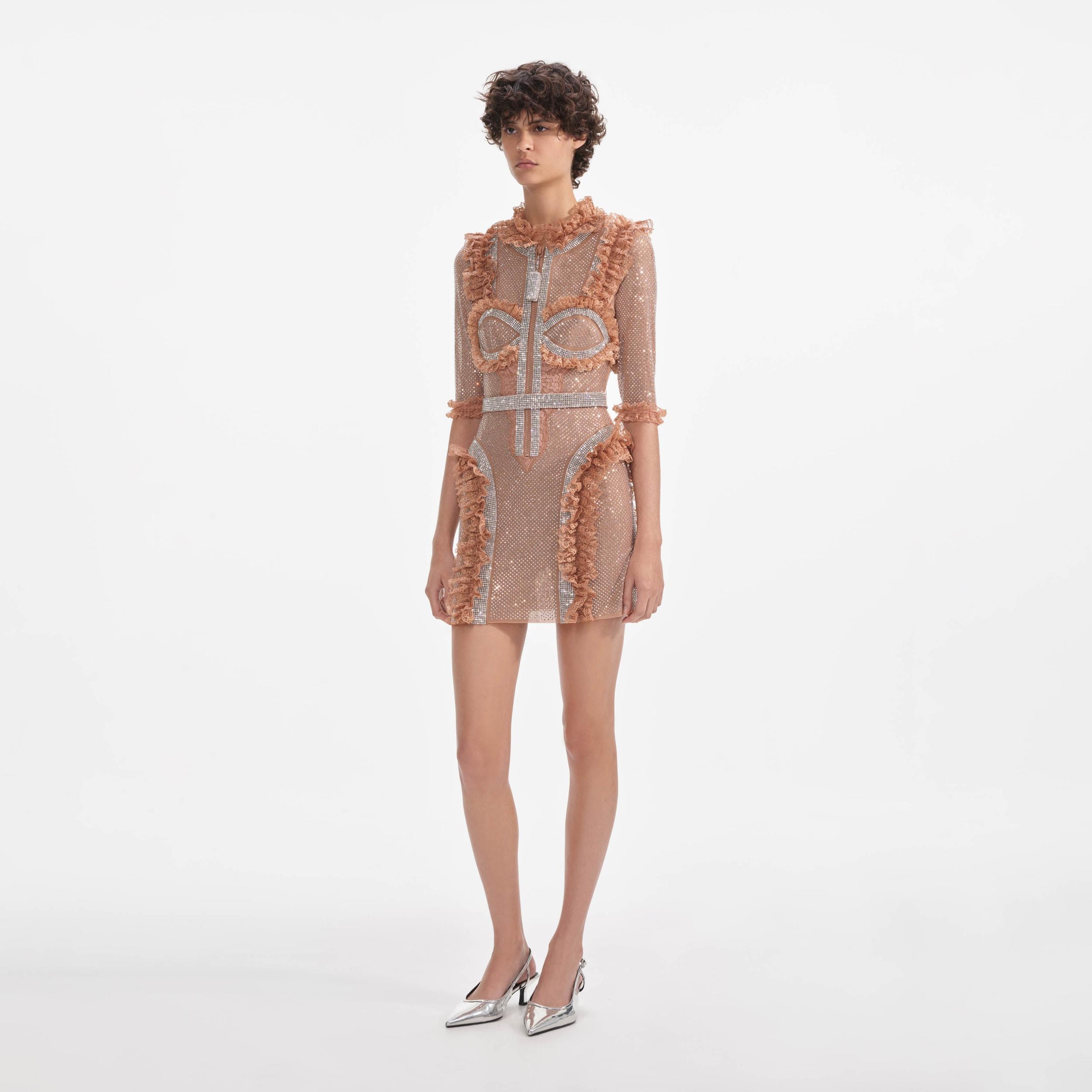 Tan Rhinestone Mesh Ruffle Mini Dress Product Image