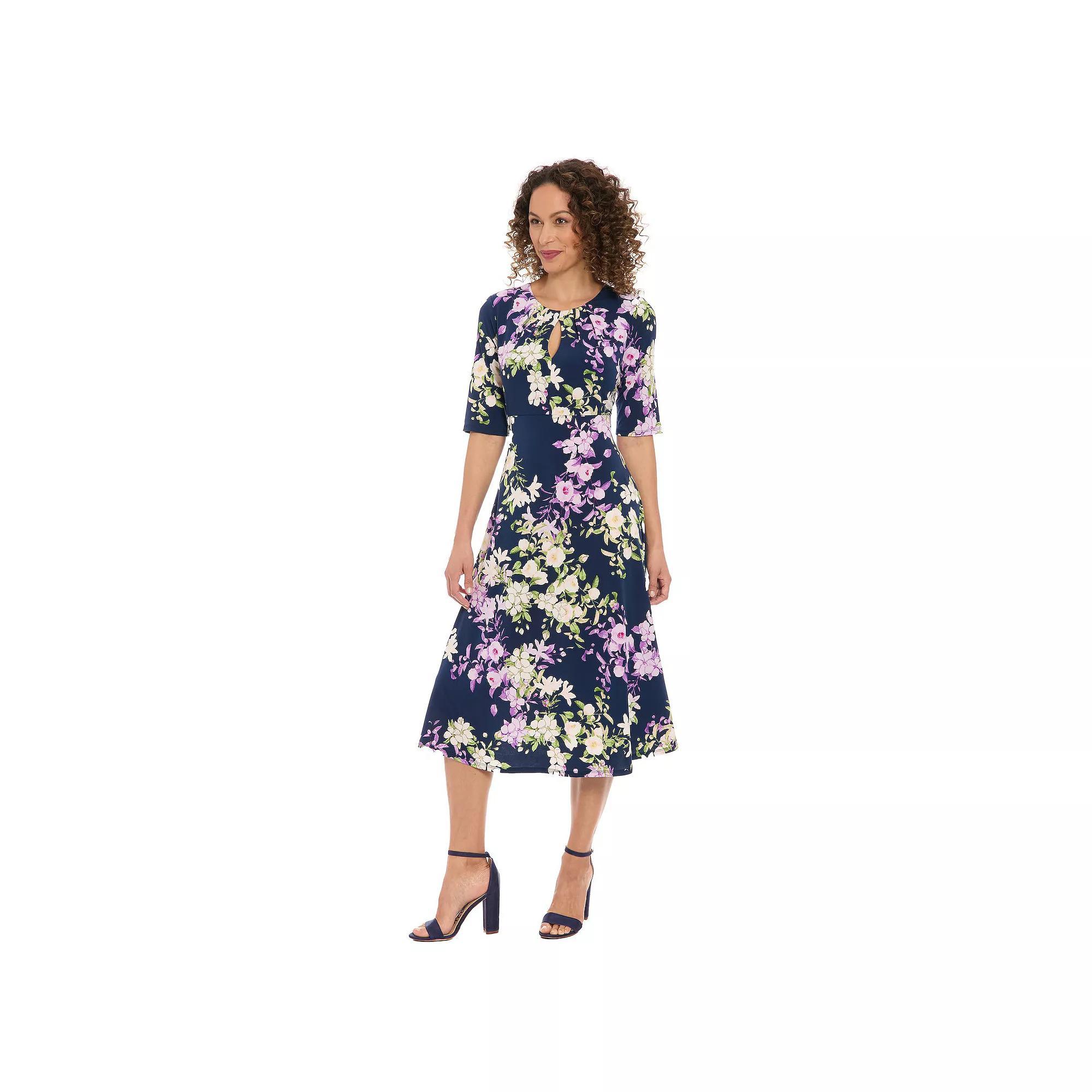 Women's London Times Floral Pleated Keyhole Neck Midi Dress, Size: 14, Blue Product Image
