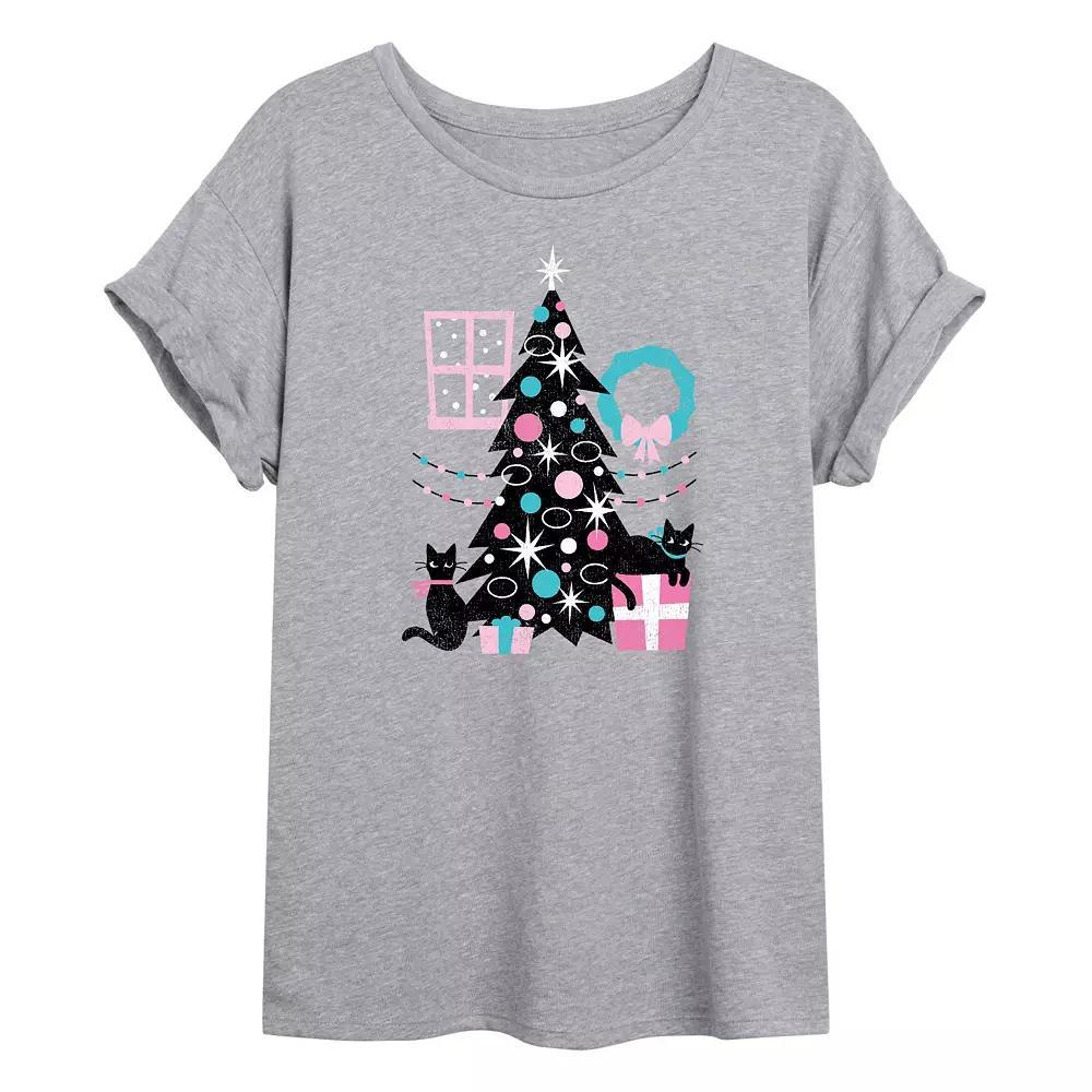 Juniors Cats and Christmas Tree Oversized Tee, Girls Product Image