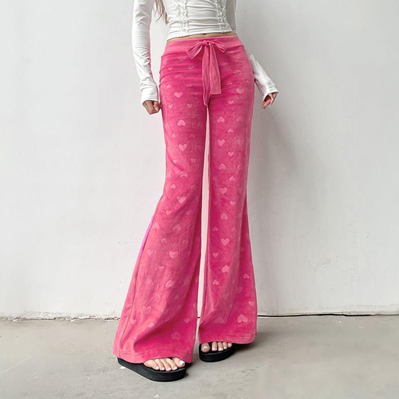 Low Waist Heart Print Velvet Straight-Fit Wide-Leg Pants Product Image