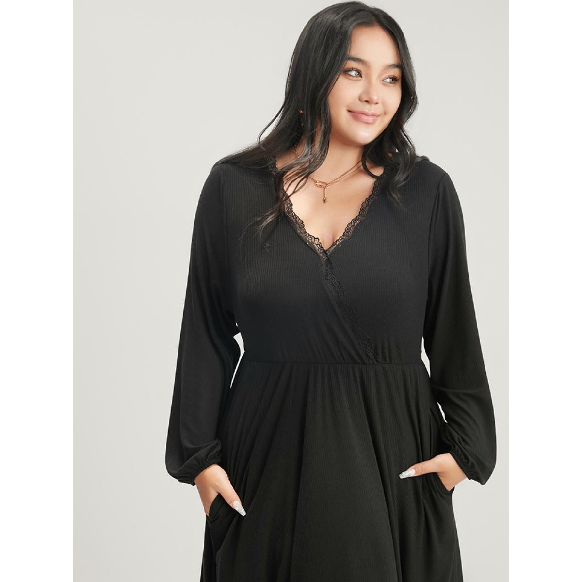 Plus Size Solid Lantern Sleeve Pocket Lace Trim Wrap Dress Black Women Elegant Lace V-neck Long Sleeve Curvy Midi Dress BloomChic 12/L Product Image
