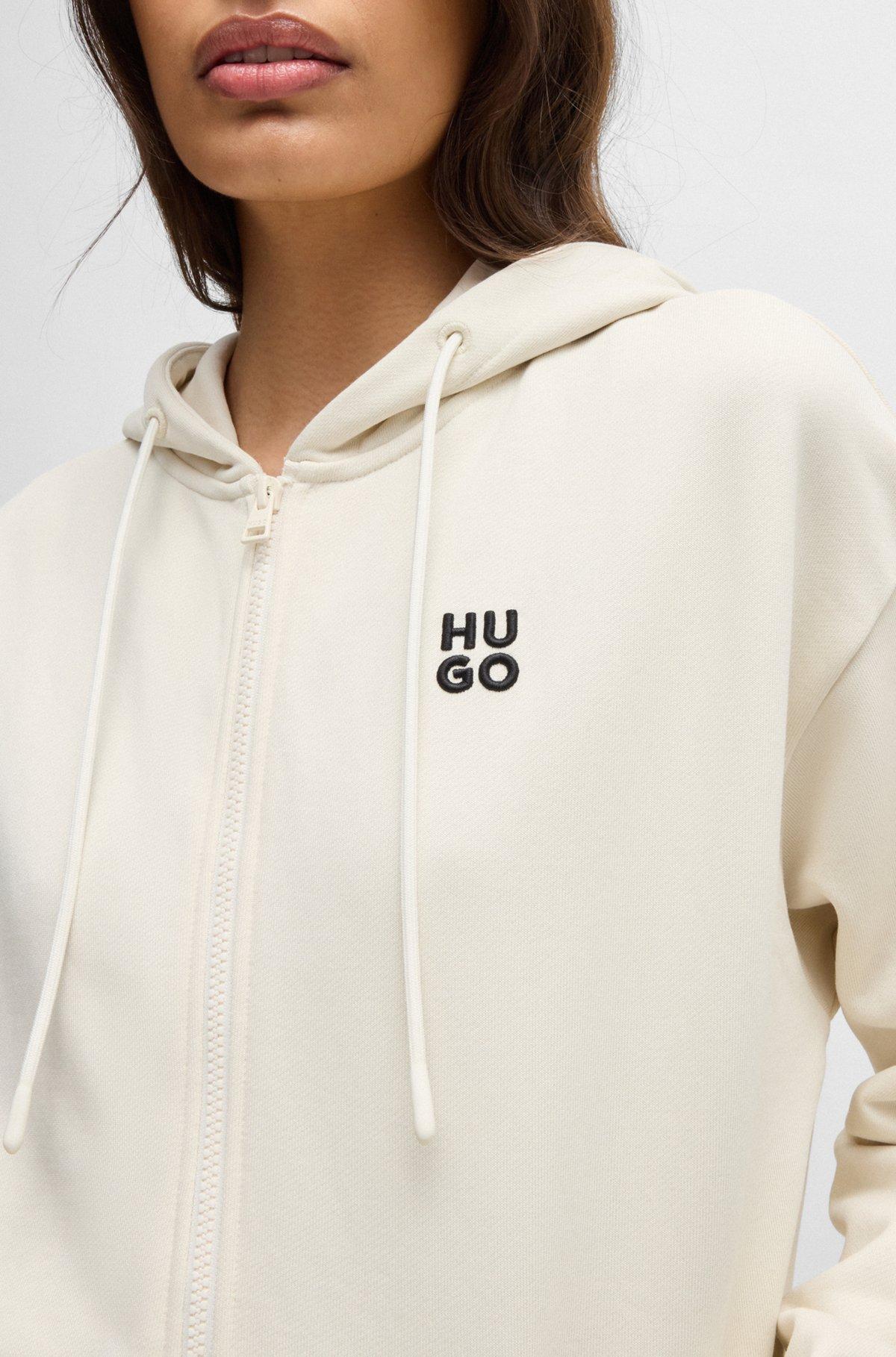 HUGO - Cotton-terry zip-up hoodie with embroidered stacked logo - White Product Image