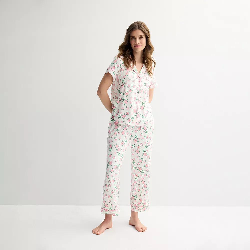 Women's Draper James 2-Piece Printed Cozy Short Sleeve Notch Collar Pajama Top & Pajama Pants Set, Size: Medium, Antique White Magnolia Product Image