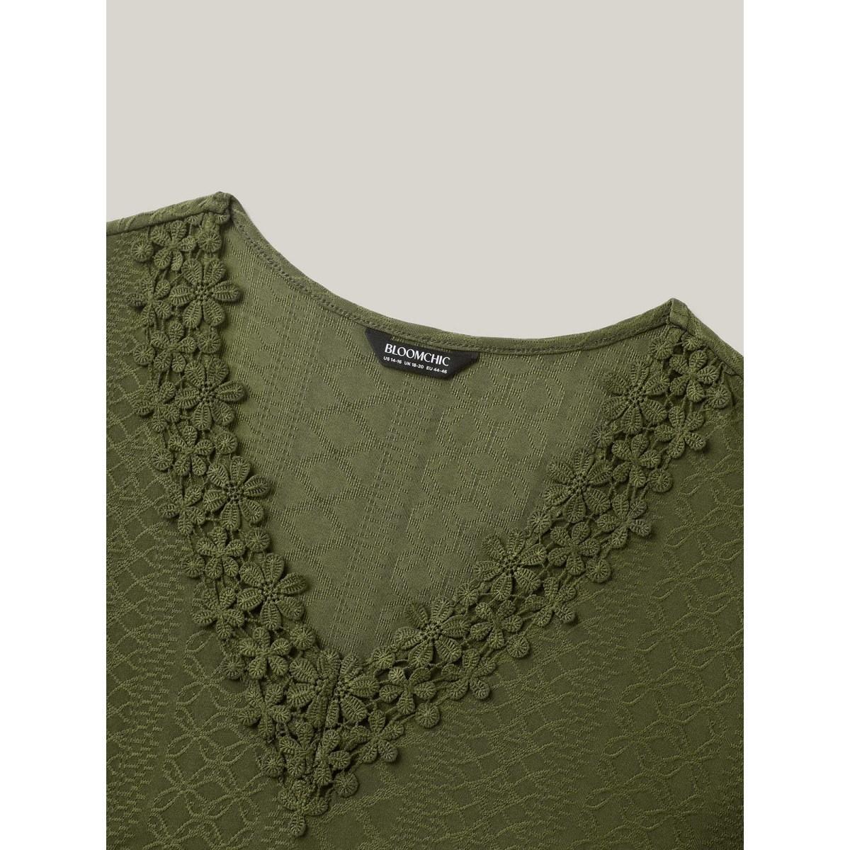 Plus Size Textured Lace V-Neck Knit Midi Dress ArmyGreen Women V-neck Short sleeve Curvy BloomChic 18-20/2X Product Image