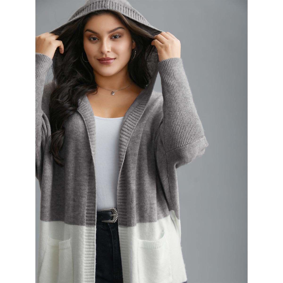 Plus Size Color Block Dolman Sleeves Hooded Knit Cardigan Mediumgray Women Casual Loose Long Sleeve Everyday Cardigans BloomChic 28/5X Product Image