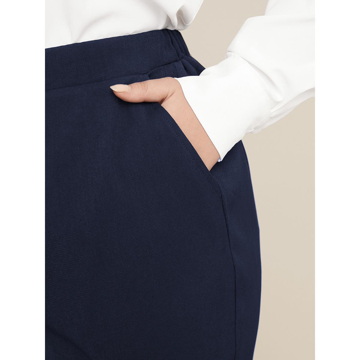 Plus Size Solid Elastic Waist Pocket Button Detail Pants Women Midnight Office Mid Rise Work Pants BloomChic 18-20/2X Product Image